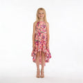 Front view of pink floral high-low halter neck girls party dress, suitable for birthdays, weddings, parties, photoshoots and graduations