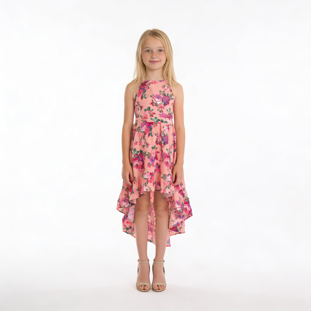 Front view of pink floral high-low halter neck girls party dress, suitable for birthdays, weddings, parties, photoshoots and graduations