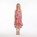 Front view of pink floral high-low halter neck girls party dress, suitable for birthdays, weddings, parties, photoshoots and graduations