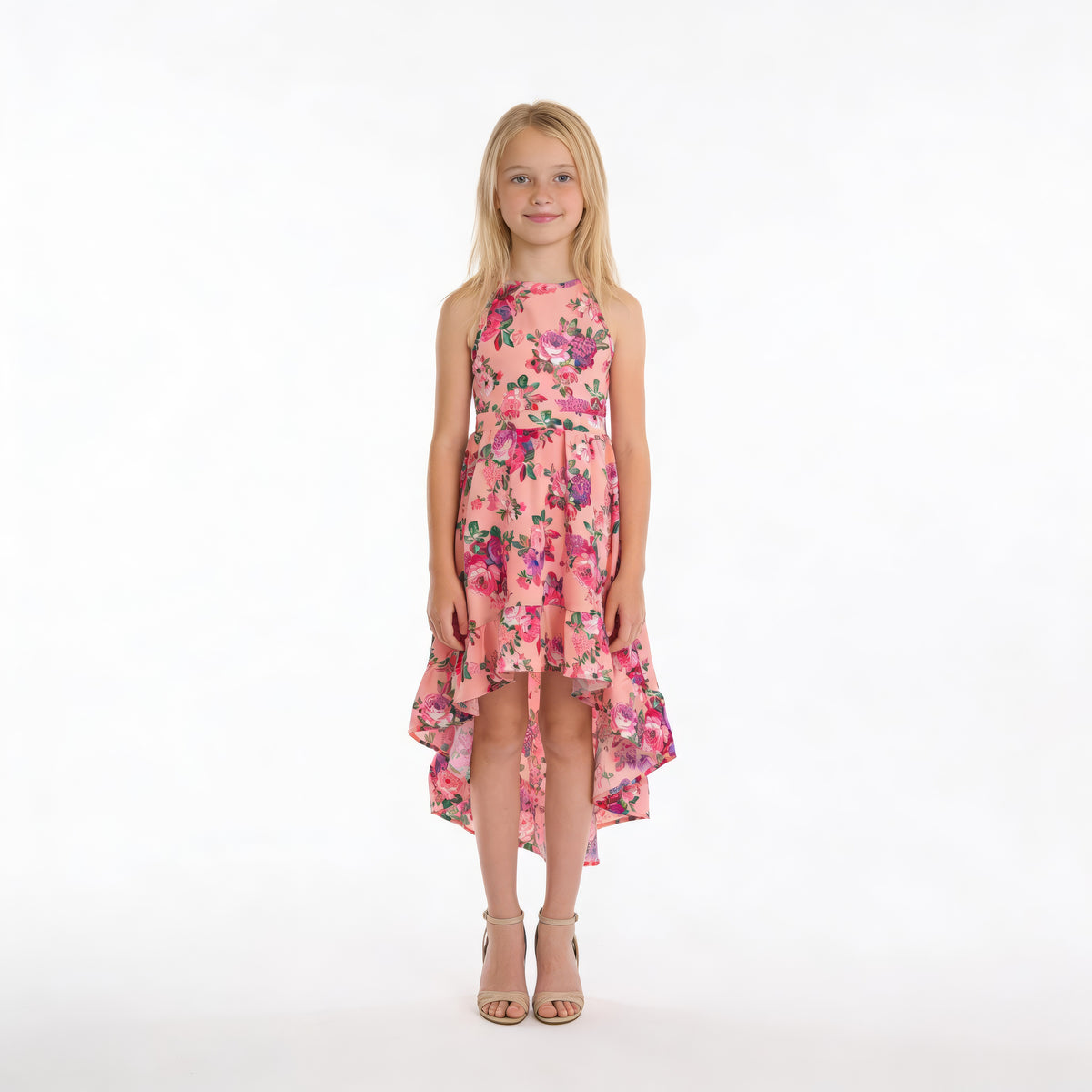 Front view of pink floral high-low halter neck girls party dress, suitable for birthdays, weddings, parties, photoshoots and graduations