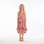 Front view of pink floral high-low halter neck girls party dress, suitable for birthdays, weddings, parties, photoshoots and graduations