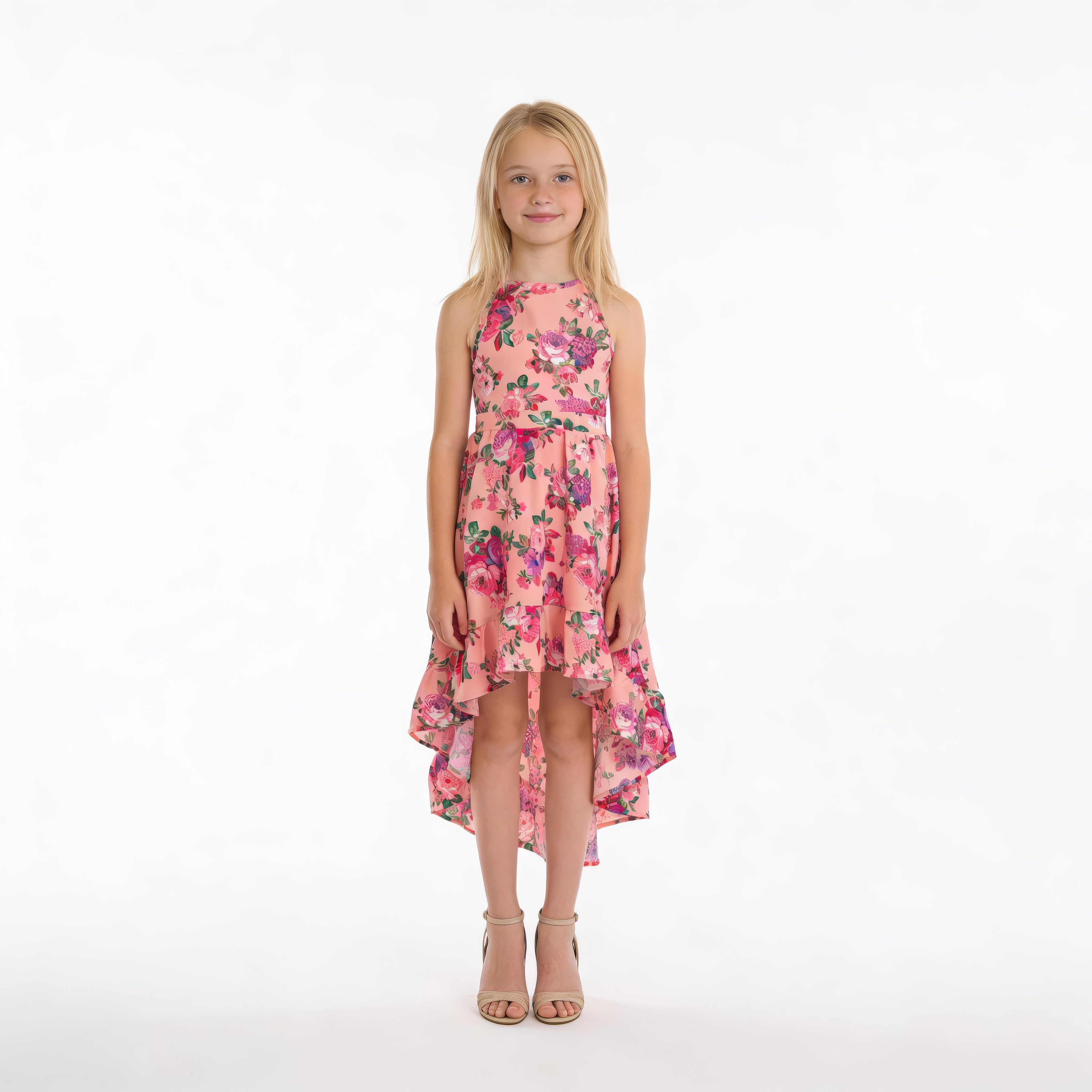 Front view of pink floral high-low halter neck girls party dress, suitable for birthdays, weddings, parties, photoshoots and graduations