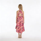 Back view of pink floral high-low halter neck girls party dress, suitable for birthdays, weddings, parties, photoshoots and graduations