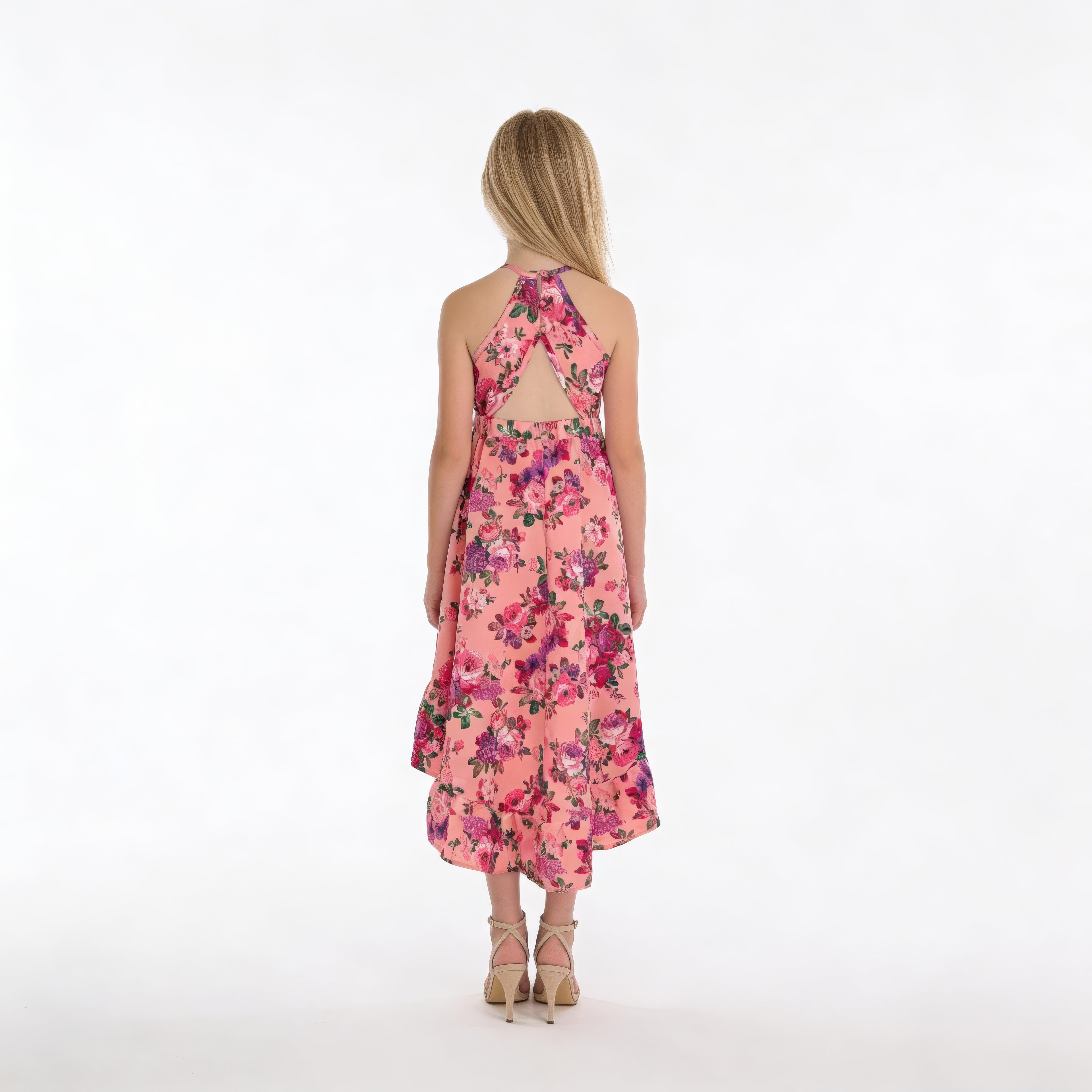 Back view of pink floral high-low halter neck girls party dress, suitable for birthdays, weddings, parties, photoshoots and graduations