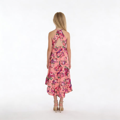 Back view of pink floral high-low halter neck girls party dress, suitable for birthdays, weddings, parties, photoshoots and graduations