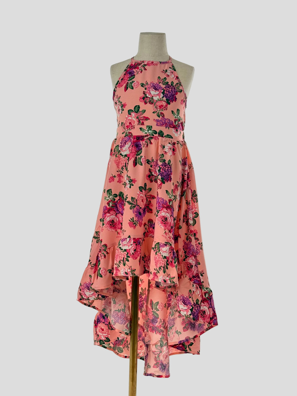 Front view of pink floral high-low halter neck girls party dress, suitable for birthdays, weddings, parties, photoshoots and graduations