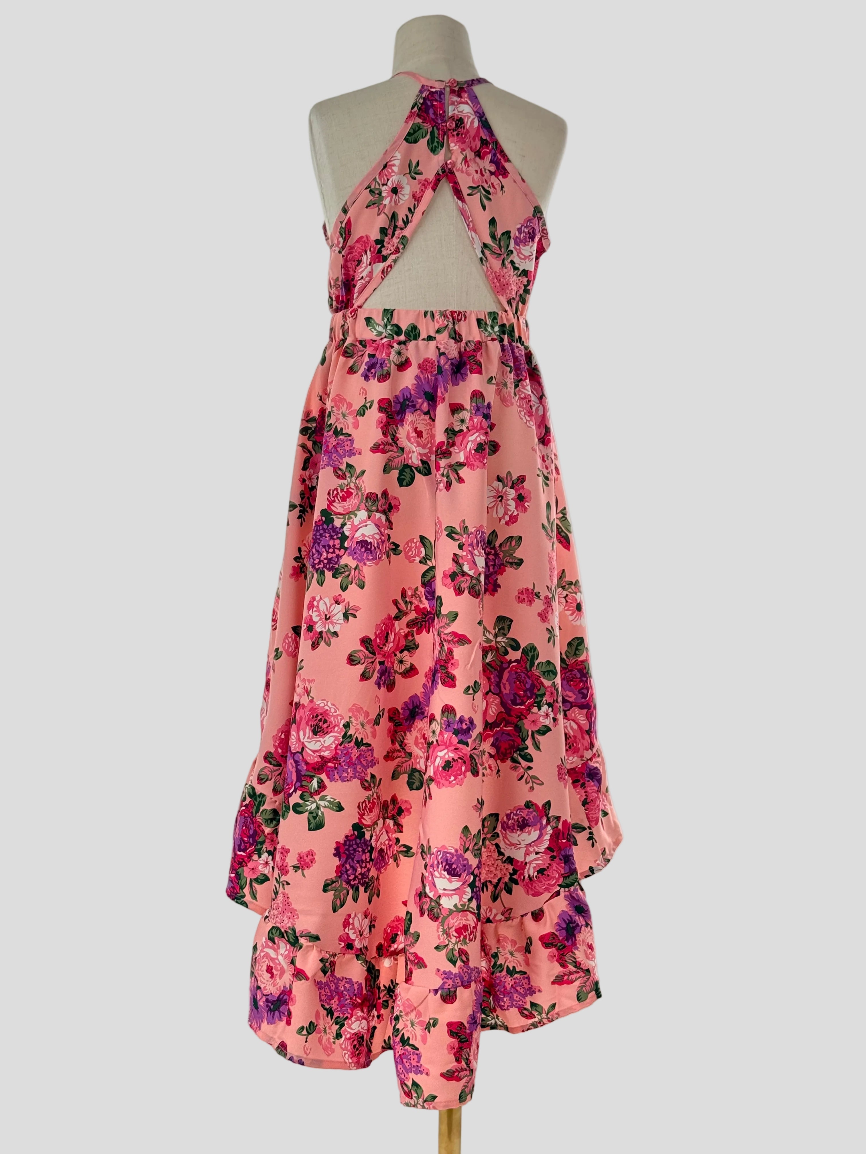 Back view of pink floral high-low halter neck girls party dress, suitable for birthdays, weddings, parties, photoshoots and graduations