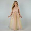 Front view of pink tulle lace girls party dress, suitable for  birthdays, flower girls, photo shoots, formal occasions