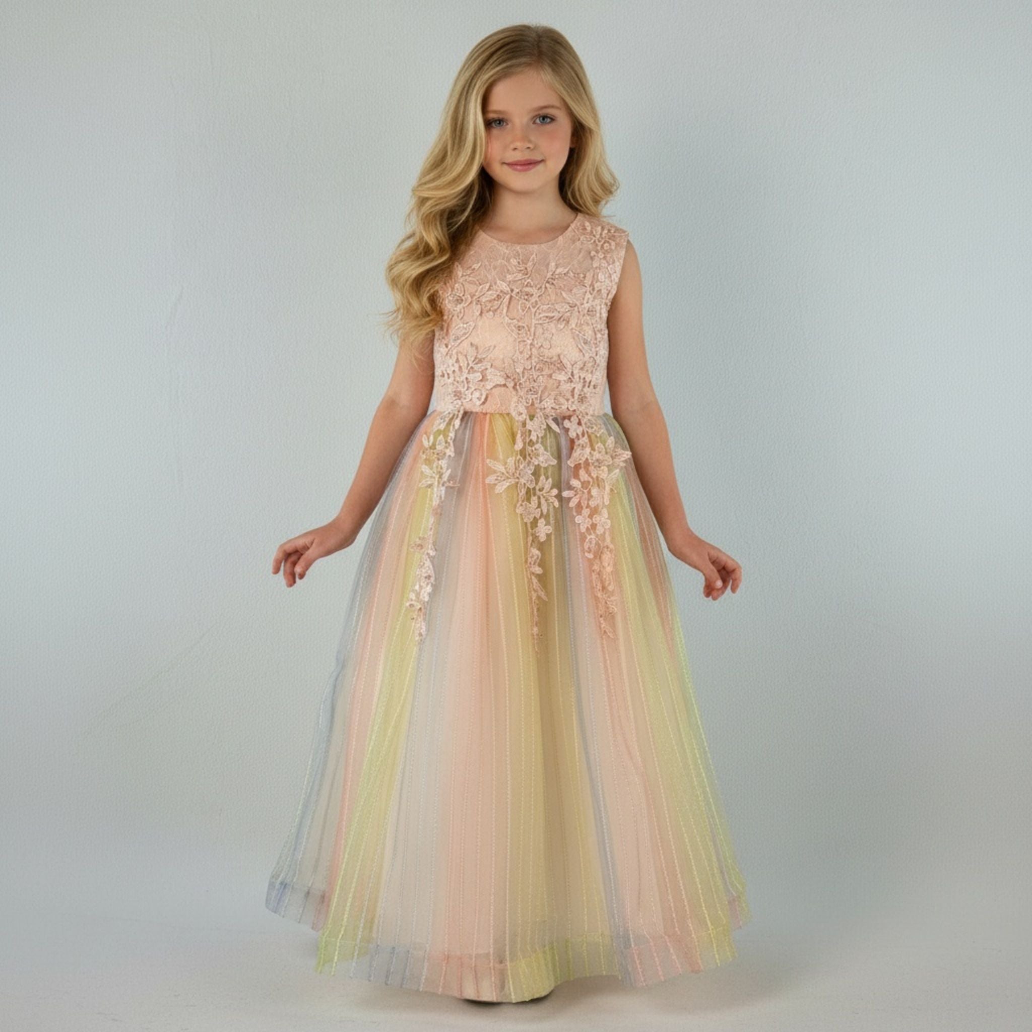 Front view of pink tulle lace girls party dress, suitable for  birthdays, flower girls, photo shoots, formal occasions