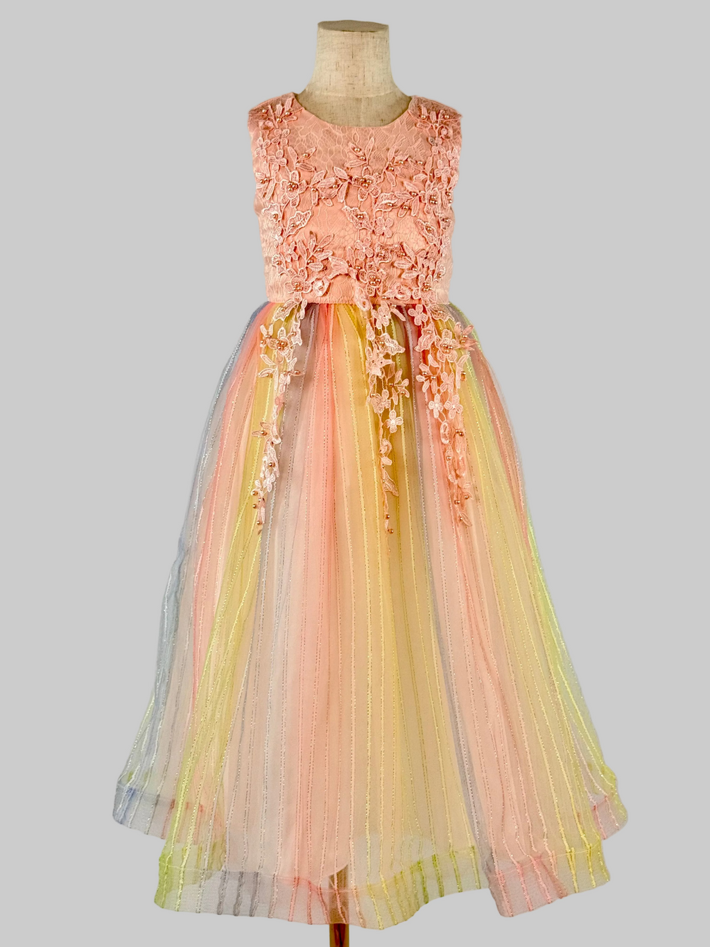 Front view of pink tulle lace girls party dress, suitable for  birthdays, flower girls, photo shoots, formal occasions