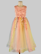 Front view of pink tulle lace girls party dress, suitable for  birthdays, flower girls, photo shoots, formal occasions