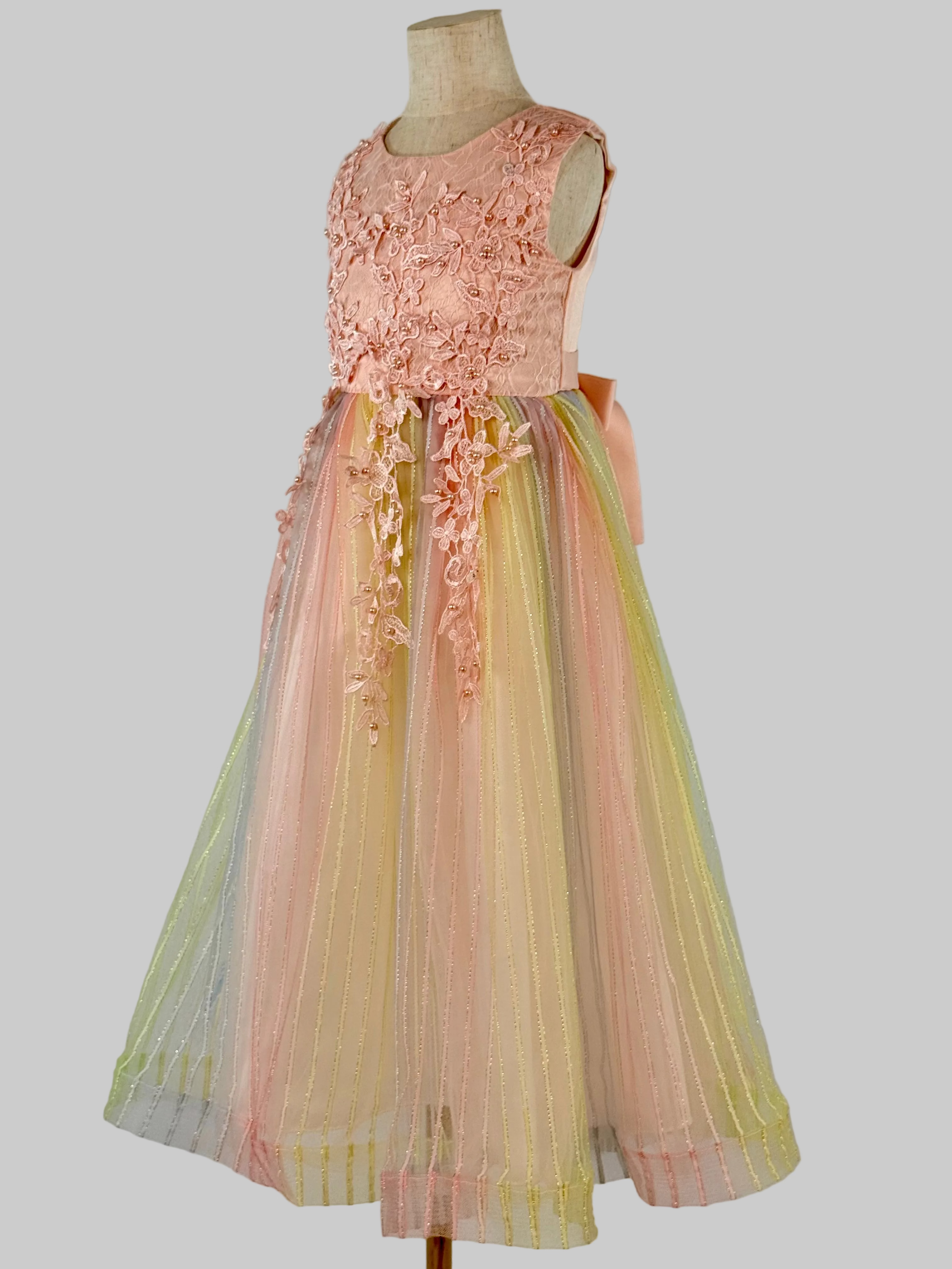 Side view of pink tulle lace girls party dress, suitable for  birthdays, flower girls, photo shoots, formal occasions