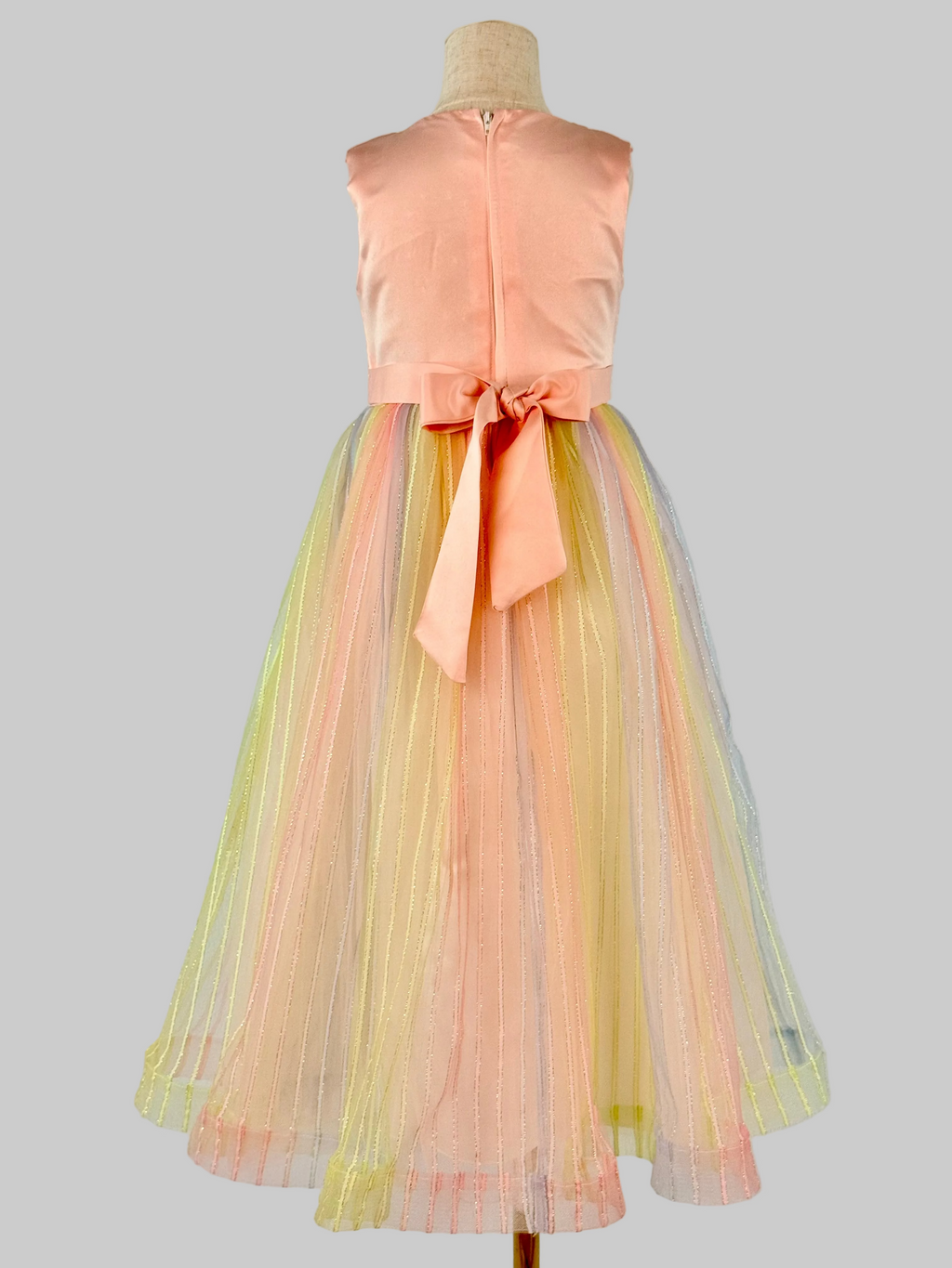 Back view of pink tulle lace girls party dress, suitable for  birthdays, flower girls, photo shoots, formal occasions