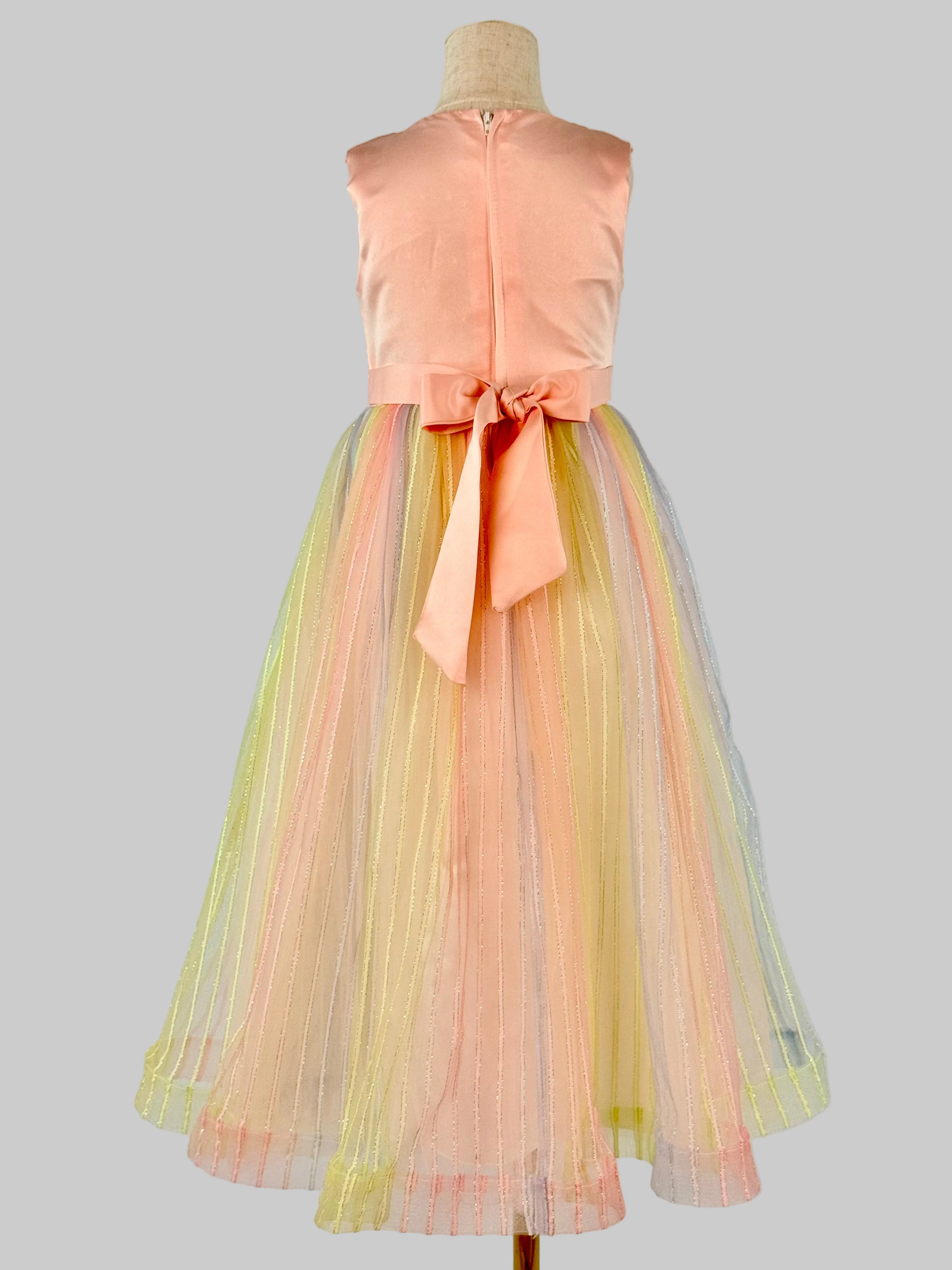 Back view of pink tulle lace girls party dress, suitable for  birthdays, flower girls, photo shoots, formal occasions