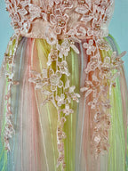 Closeup of pink tulle lace girls party dress, suitable for  birthdays, flower girls, photo shoots, formal occasions