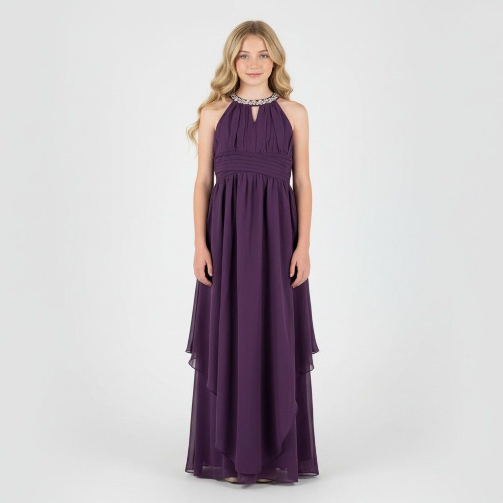 Front view of purple halter neck chiffon girls party dress, suitable for birthdays, bridesmaids, and formal occasions