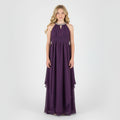 Front view of purple halter neck chiffon girls party dress, suitable for birthdays, bridesmaids, and formal occasions