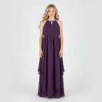 Front view of purple halter neck chiffon girls party dress, suitable for birthdays, bridesmaids, and formal occasions