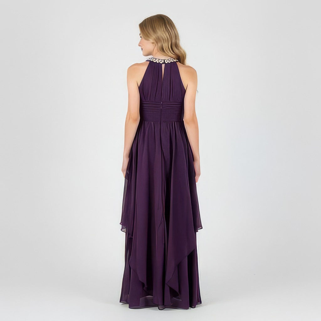 Front view of purple halter neck chiffon girls party dress, suitable for birthdays, bridesmaids, and formal occasions