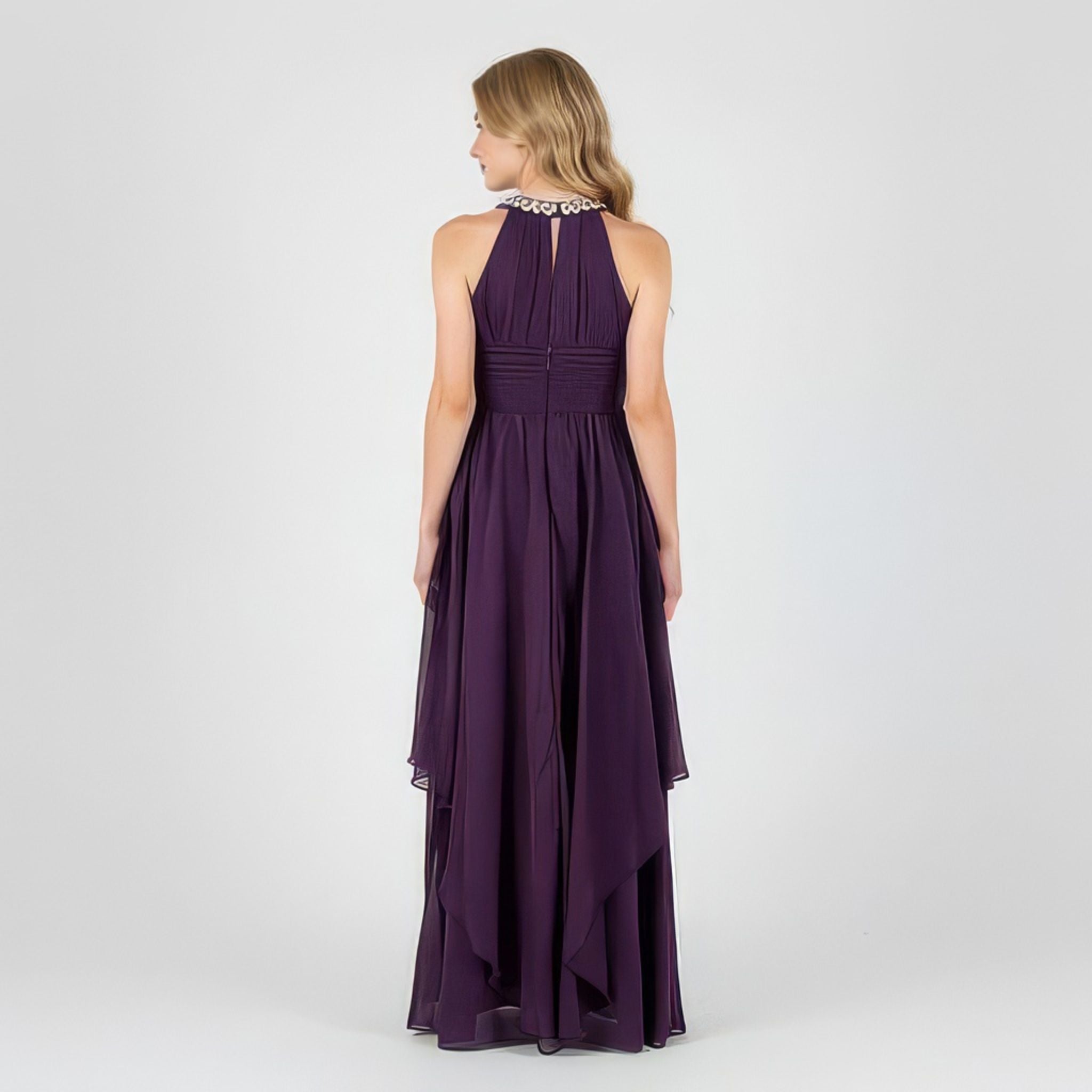 Front view of purple halter neck chiffon girls party dress, suitable for birthdays, bridesmaids, and formal occasions