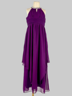 Front view of purple halter neck chiffon girls party dress, suitable for birthdays, bridesmaids, and formal occasions