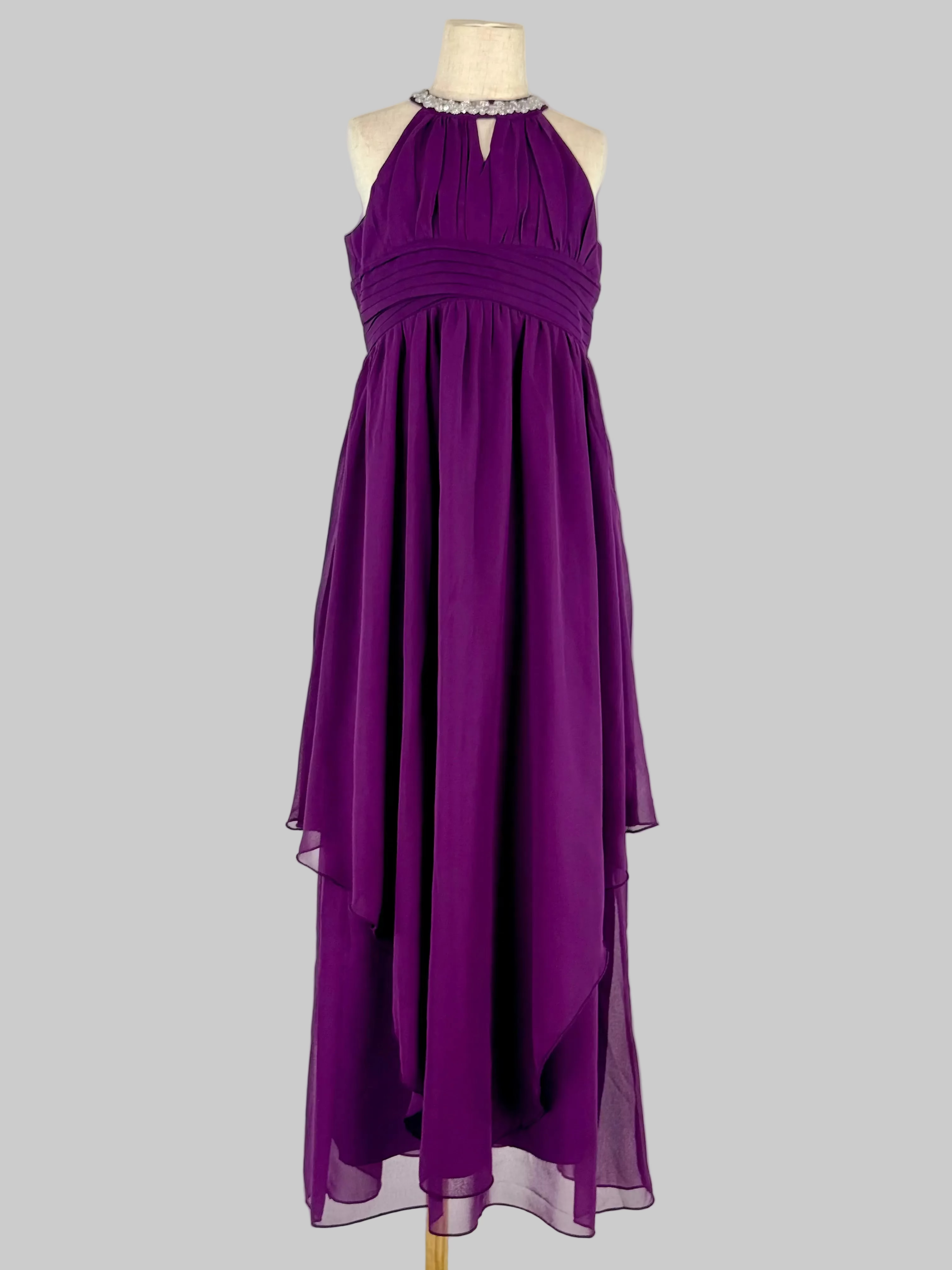 Front view of purple halter neck chiffon girls party dress, suitable for birthdays, bridesmaids, and formal occasions