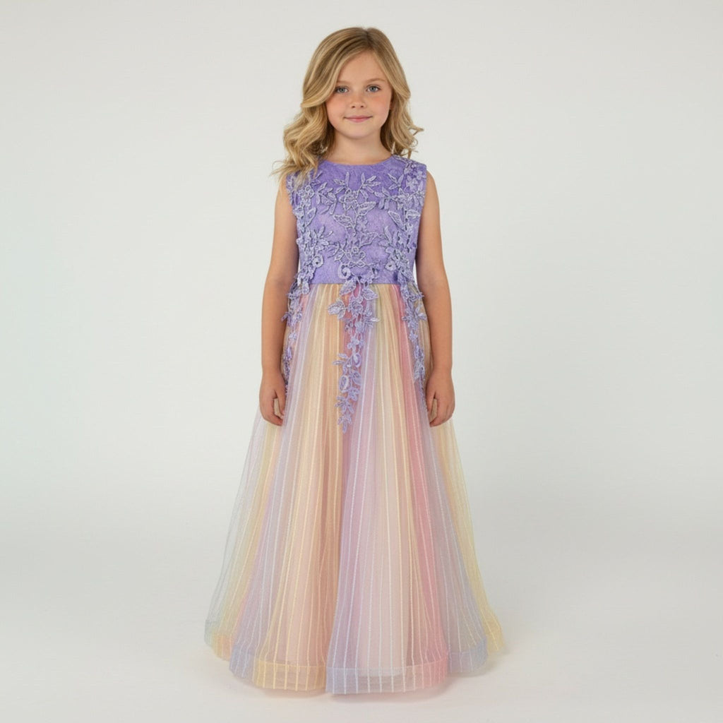 Front view of purple tulle lace girls party dress, suitable for  birthdays, flower girls, photo shoots, formal occasions