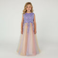 Front view of purple tulle lace girls party dress, suitable for  birthdays, flower girls, photo shoots, formal occasions