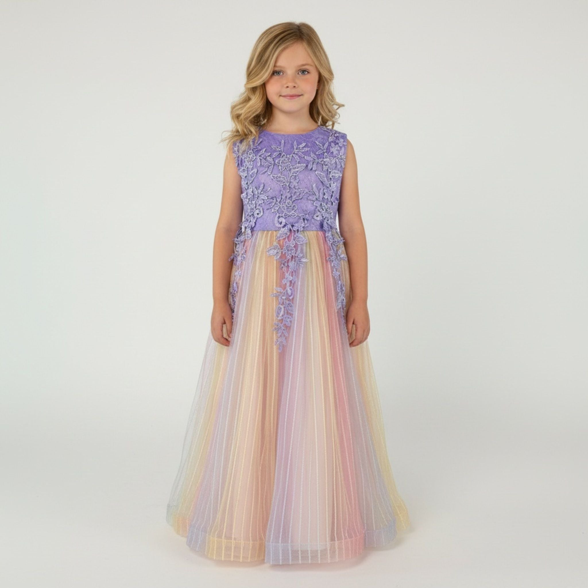 Front view of purple tulle lace girls party dress, suitable for  birthdays, flower girls, photo shoots, formal occasions