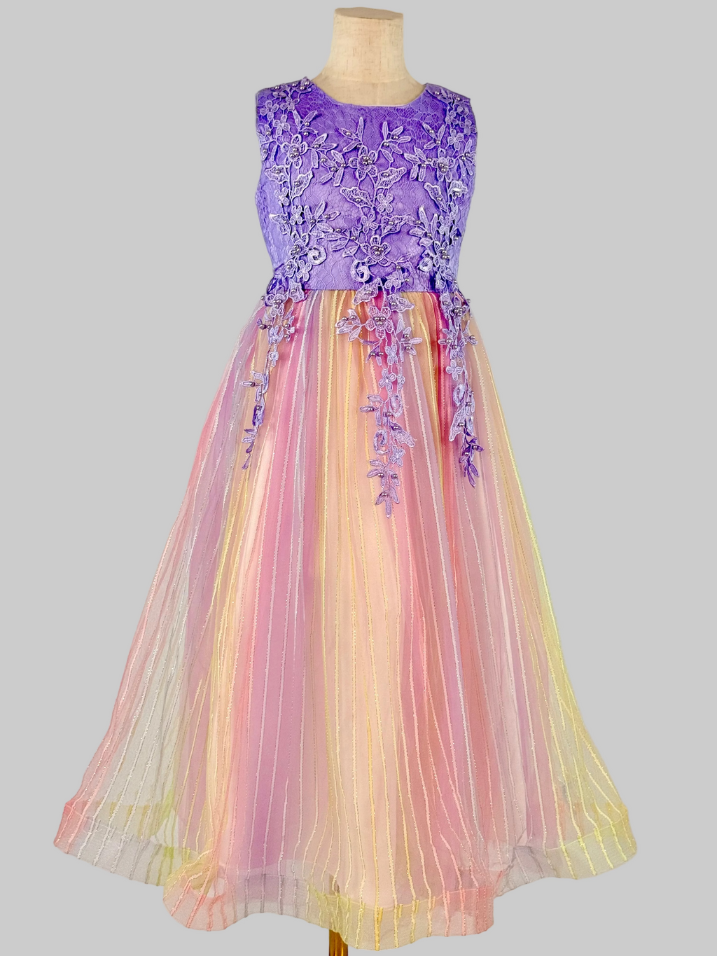 Front view of purple tulle lace girls party dress, suitable for  birthdays, flower girls, photo shoots, formal occasions
