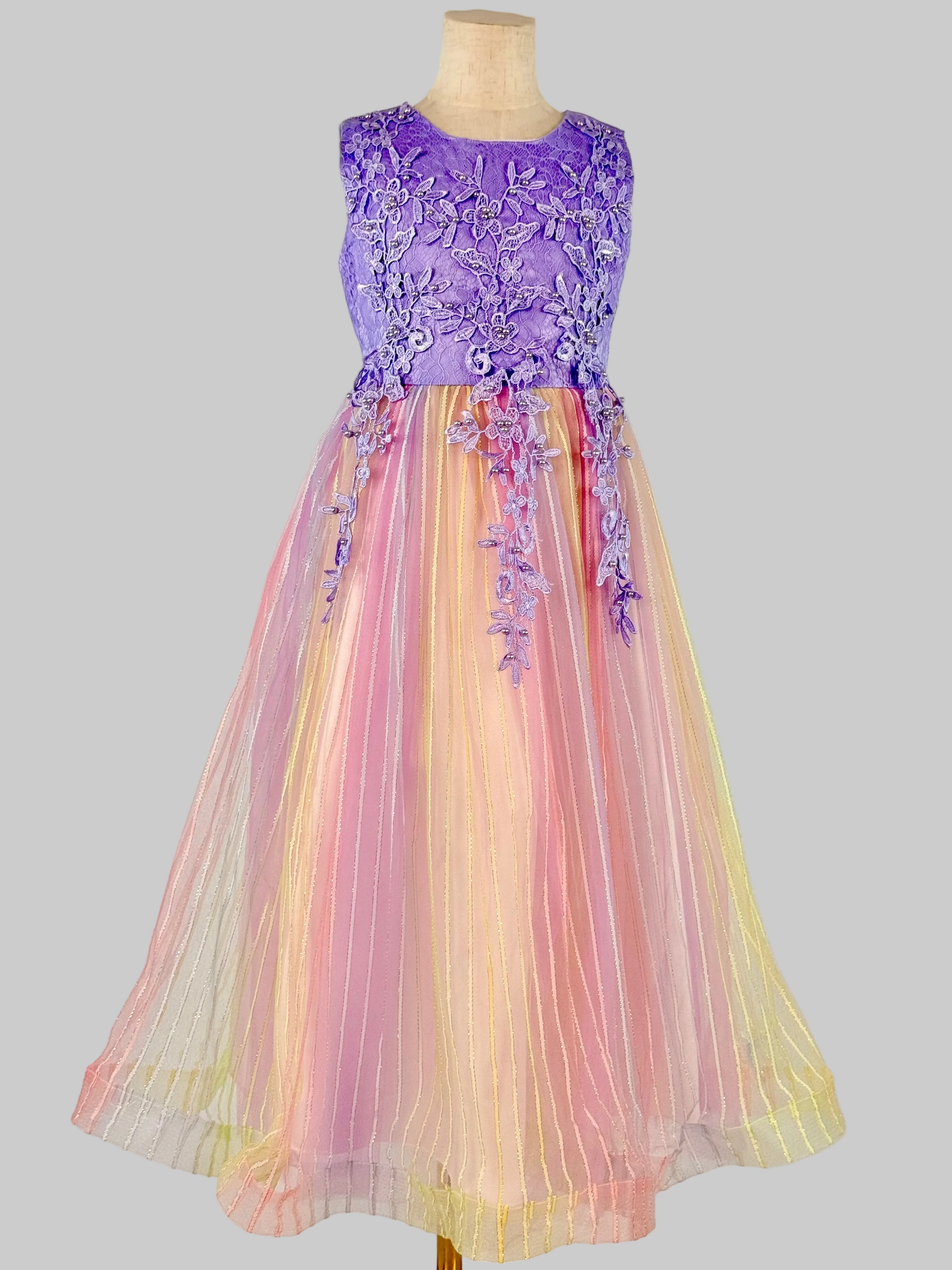 Front view of purple tulle lace girls party dress, suitable for  birthdays, flower girls, photo shoots, formal occasions