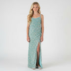 Front view of mint green sequin girls party dress, suitable for cocktails, birthdays, weddings or evening events