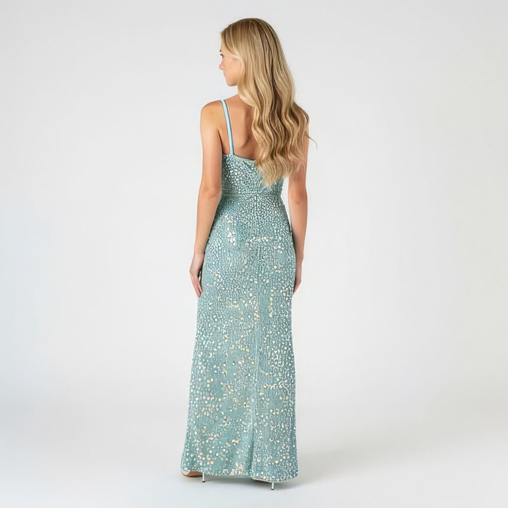 Back view of mint green sequin girls party dress, suitable for cocktails, birthdays, weddings or evening events