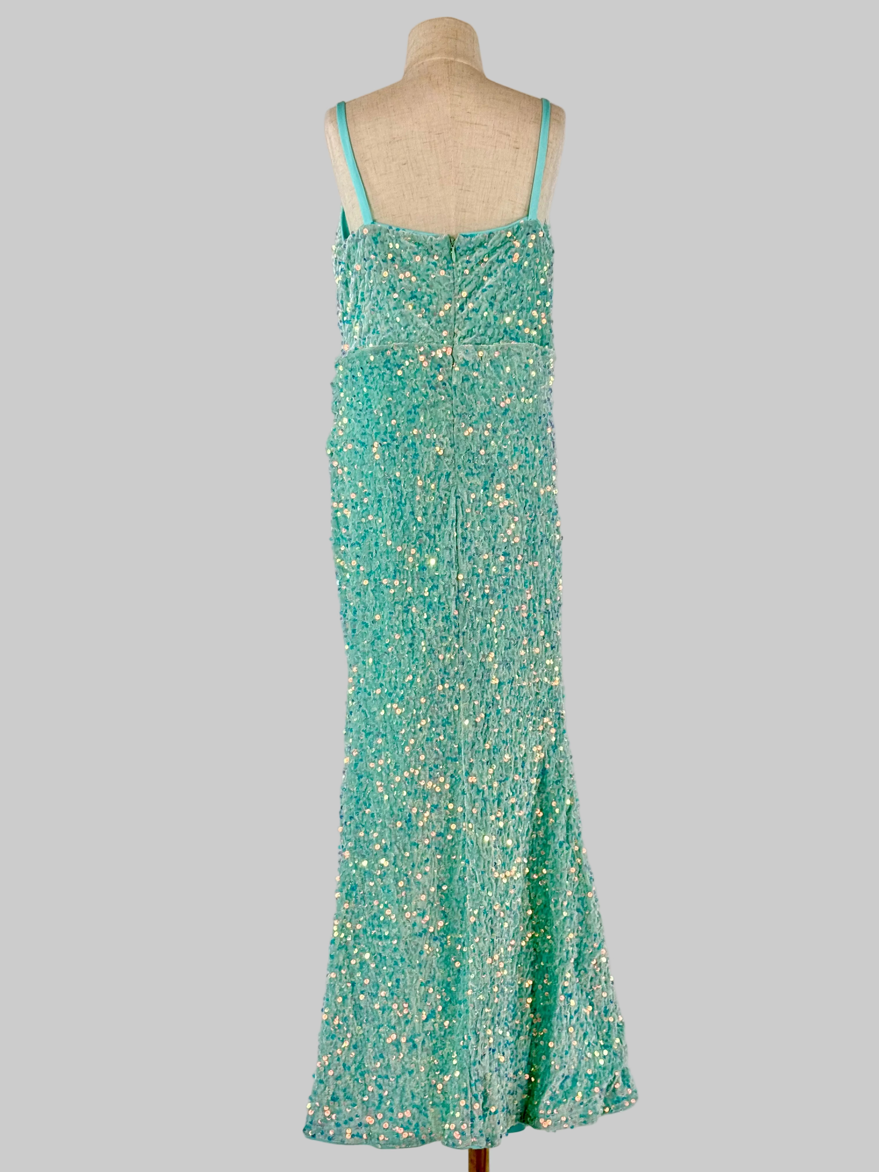 Back view of mint green sequin girls party dress, suitable for cocktails, birthdays, weddings or evening events