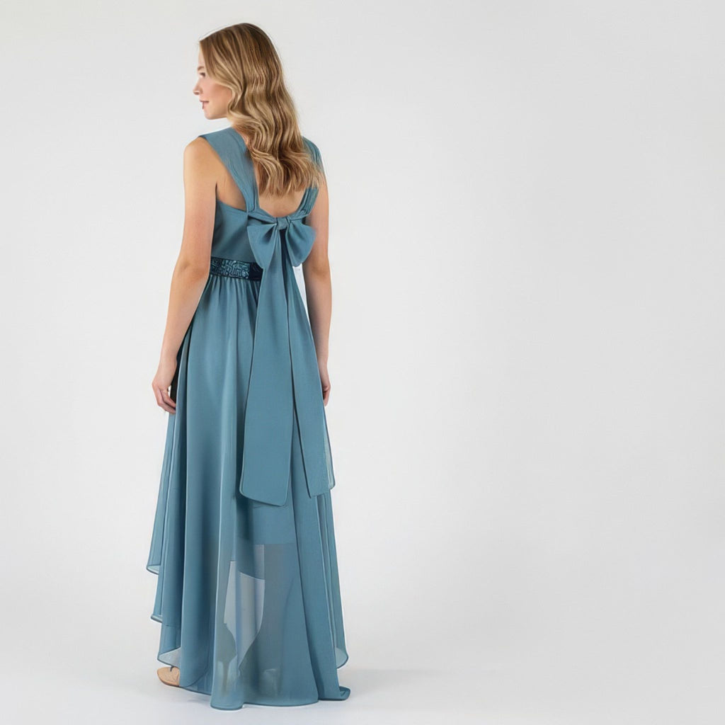 Back view of blue high-low chiffon girls party dress, suitable for birthdays, bridesmaids, and formal occasions