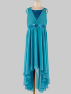 Front view of blue high-low chiffon girls party dress, suitable for birthdays, bridesmaids, and formal occasions