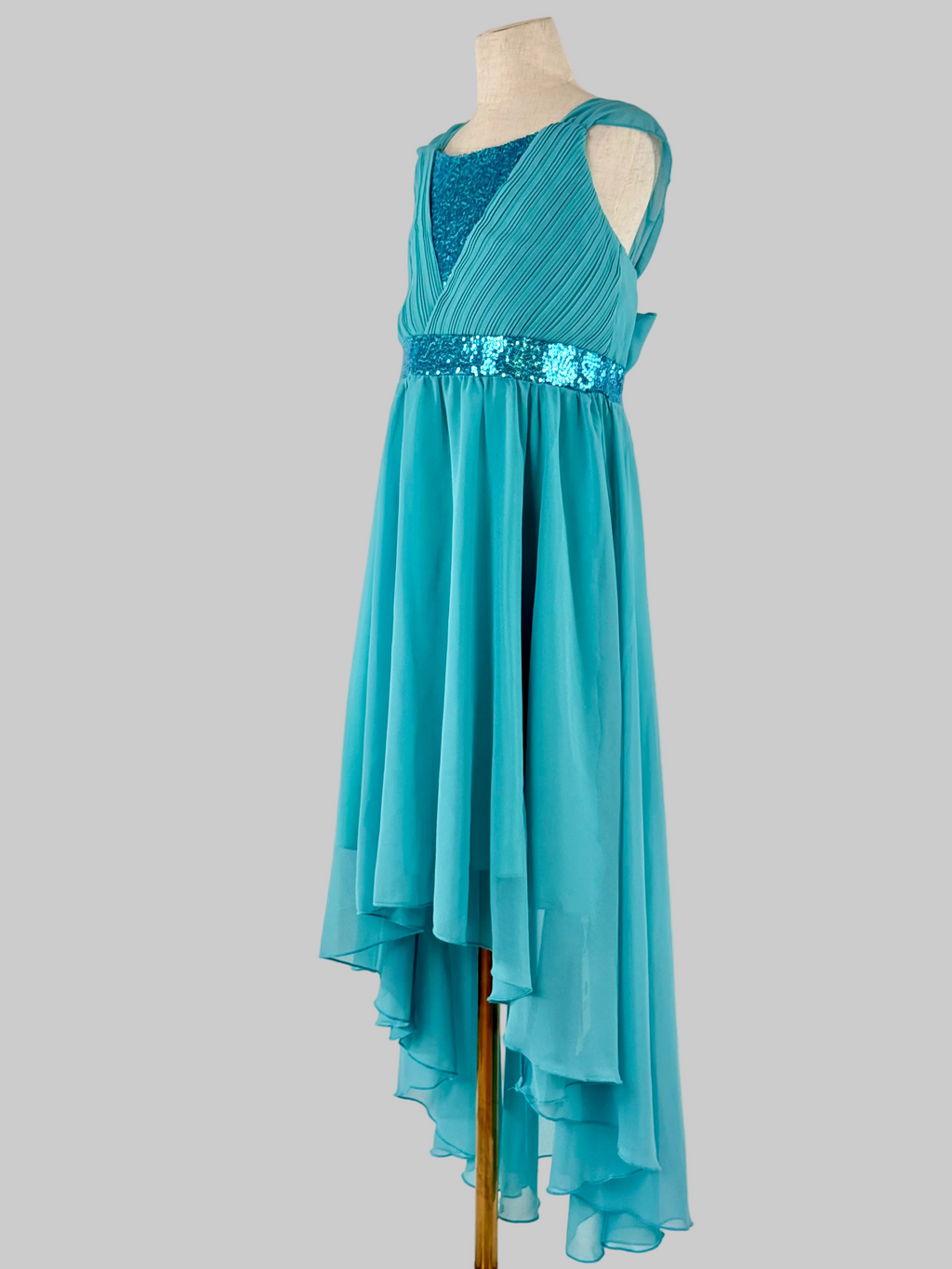 Side view of blue high-low chiffon girls party dress, suitable for birthdays, bridesmaids, and formal occasions
