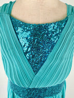 Closeup of blue high-low chiffon girls party dress, suitable for birthdays, bridesmaids, and formal occasions