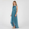 Front view of blue high-low chiffon girls party dress, suitable for birthdays, bridesmaids, and formal occasions