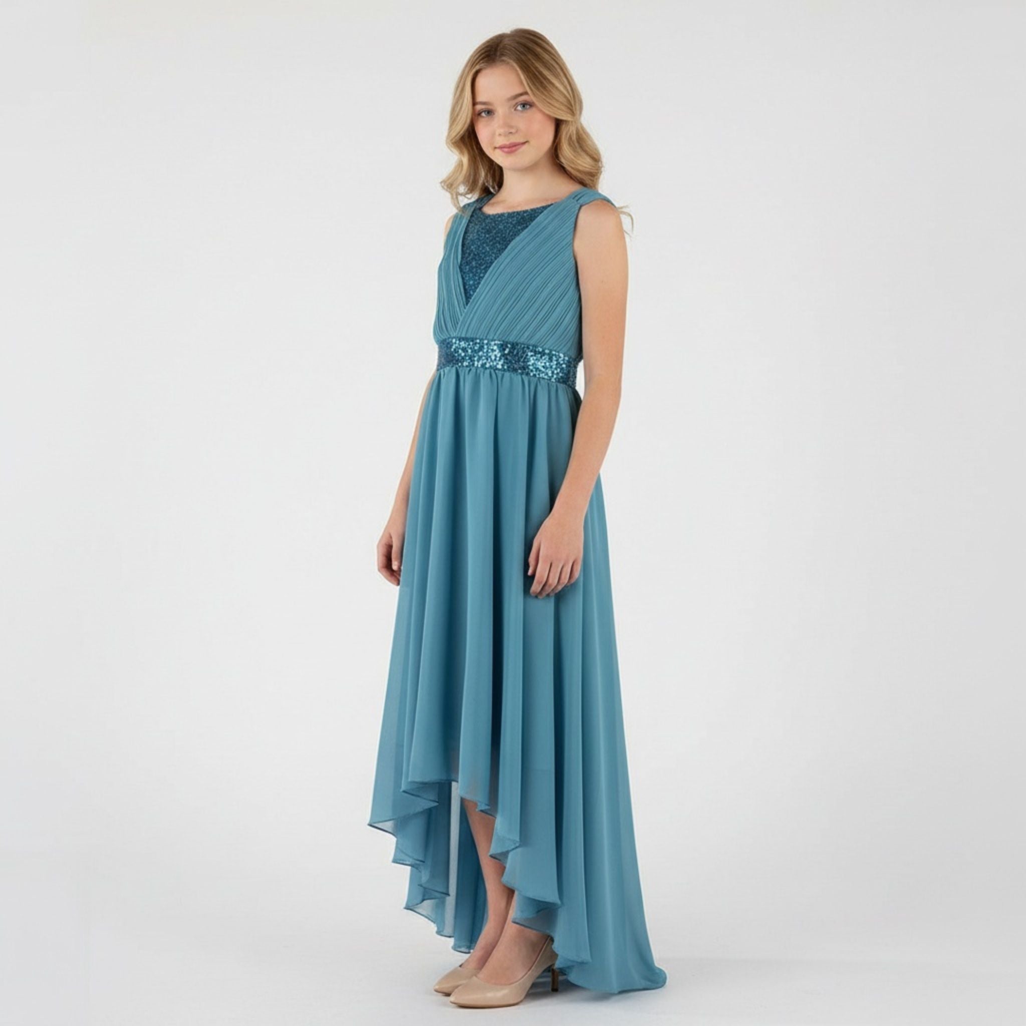 Front view of blue high-low chiffon girls party dress, suitable for birthdays, bridesmaids, and formal occasions