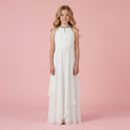 Front view of white halter neck chiffon girls party dress, suitable for birthdays, bridesmaids, and formal occasions