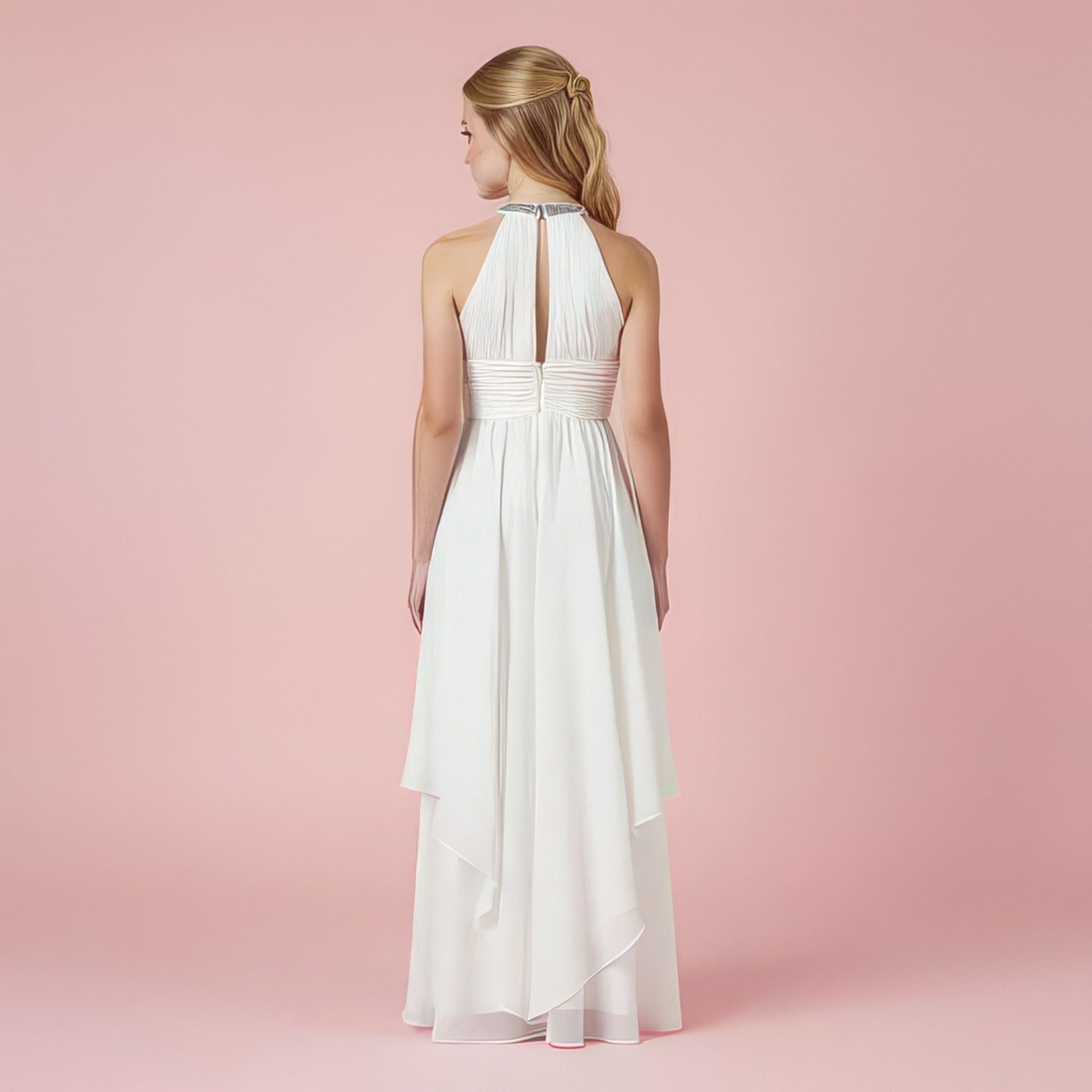 Back view of white halter neck chiffon girls party dress, suitable for birthdays, bridesmaids, and formal occasions