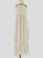 Front view of white halter neck chiffon girls party dress, suitable for birthdays, bridesmaids, and formal occasions