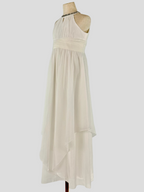 Side view of white halter neck chiffon girls party dress, suitable for birthdays, bridesmaids, and formal occasions