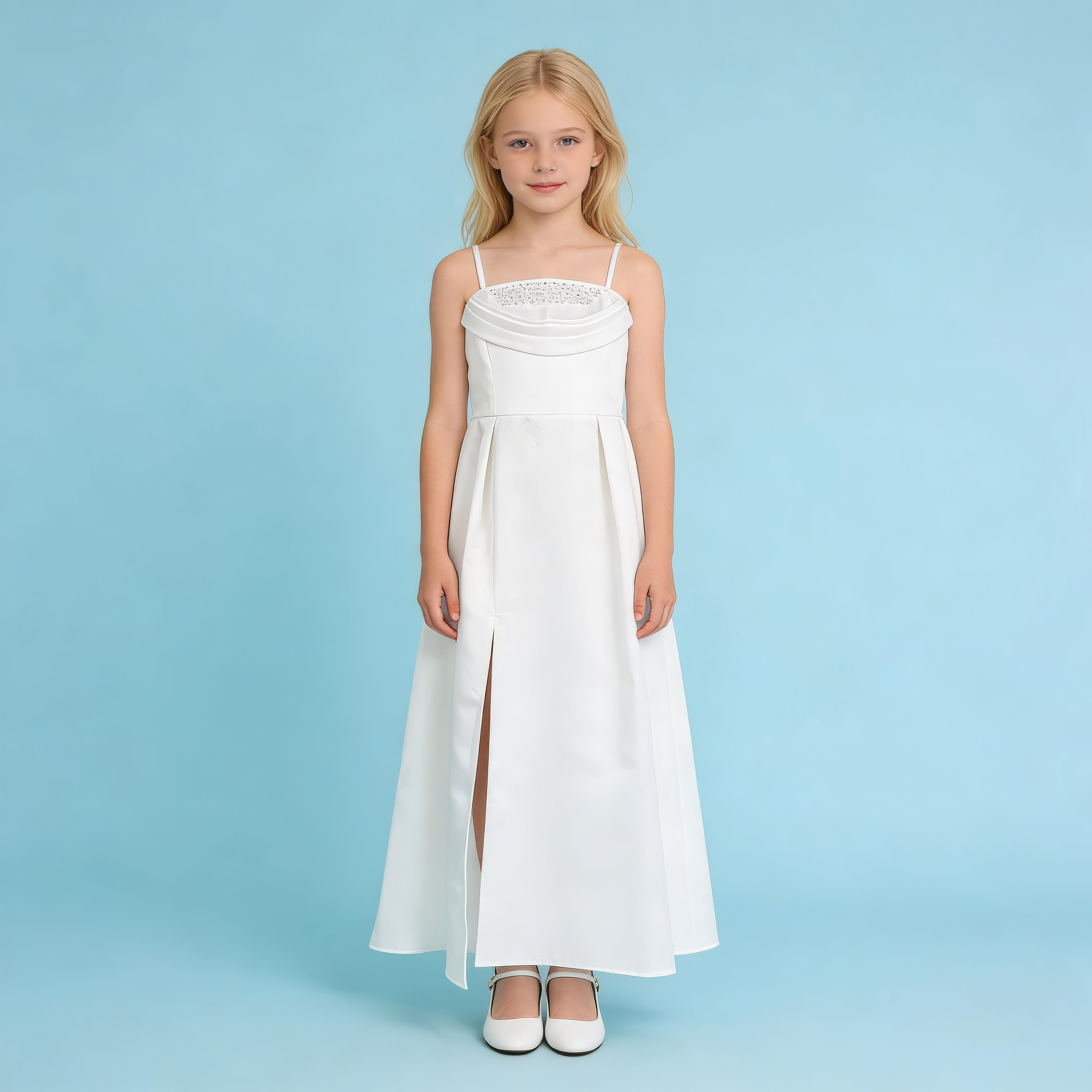 Front view of white girls party dress, suitable for flower girls, birthdays, weddings, holy communion or graduation