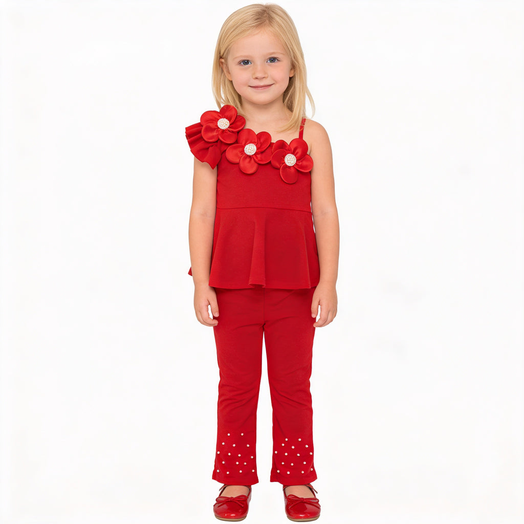 Front view of red floral girls party outfit, suitable for birthdays, parties and special occasions