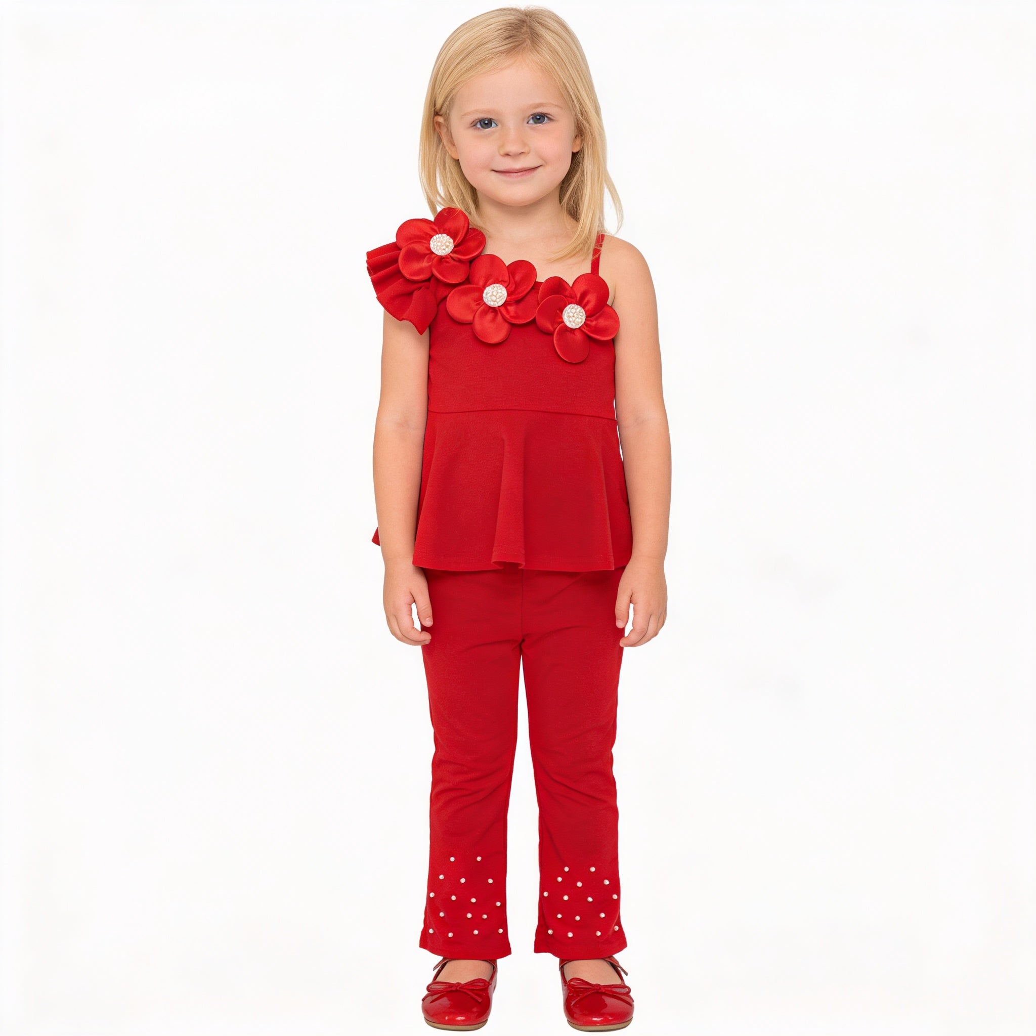 Front view of red floral girls party outfit, suitable for birthdays, parties and special occasions