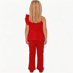 Back view of red floral girls party outfit, suitable for birthdays, parties and special occasions