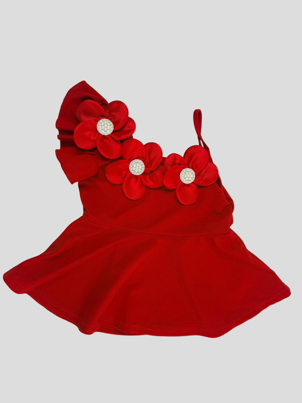 Front view of red floral girls party outfit, suitable for birthdays, parties and special occasions