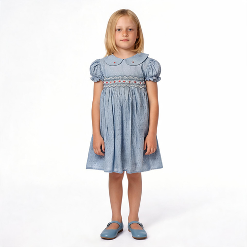 Front view of blue smocked dress. Suitable for birthdays, family gatherings, special occasions, or everyday.